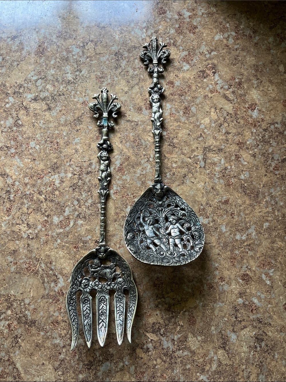 Made in Italy Ornate Silver-Tone Cherub Serving Spoon & Fork - Decorative Home